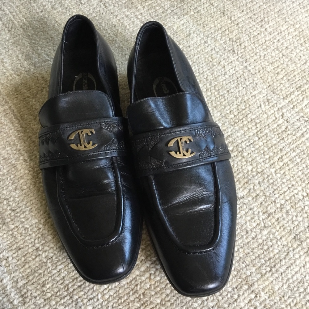 Cavalli  Chic Black Leather Loafers size 43  size 10Us